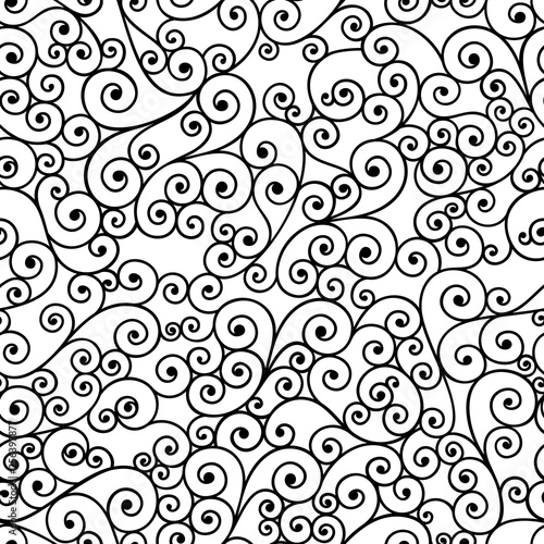 Vector seamless pattern with swirls in black color on white background. Illustration for backdrop design.