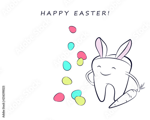 Smiling cartoon tooth with colorful Easter eggs and in a costume with bunny ears. Vector easter illustration for dentistry.
