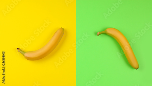 two bananas on different backgrounds, copy space