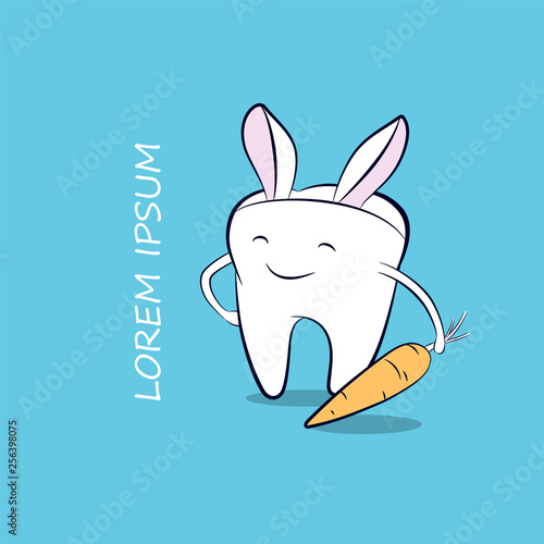 A funny cartoon tooth with carrot and bunny ears. Vector easter illustration for dentistry.
