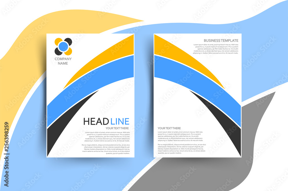 Obraz premium Abstract shapes lines with orange, blue and black colors on white background. Annual, leaflet, cover, brochure, template, report for businnes