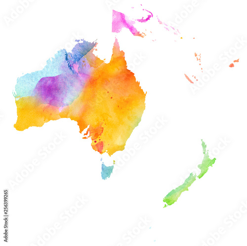 Multicolor Watercolor Australia Map on white Background, Side View.