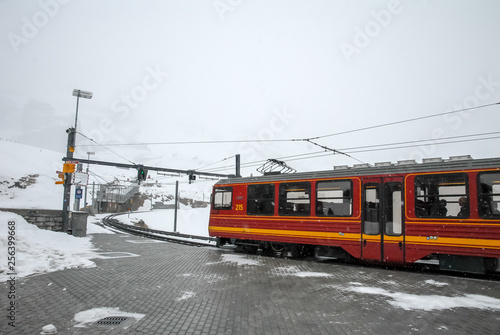 秋のベルナー・オーバーラント 雪の降るクライネ・シャイデック駅と列車（スイス・ベルン州）
