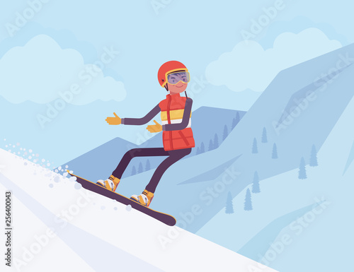 Active sporty man riding on a snowboard, enjoy winter outdoor fun on ski resort with beautiful snowy nature and mountain view, wintertime tourism and recreation. Vector flat style cartoon illustration