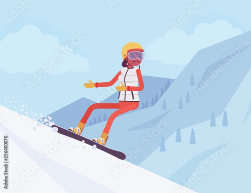 Active sporty woman riding on snowboard, enjoy winter outdoor fun on ski resort with beautiful snowy nature and mountain view, wintertime tourism and recreation. Vector flat style cartoon illustration