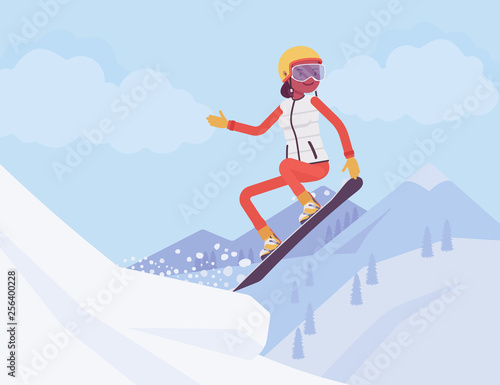 Active sporty woman riding on snowboard, jumping, enjoy winter outdoor fun on ski resort with snowy nature and mountain view, wintertime tourism and recreation. Vector flat style cartoon illustration
