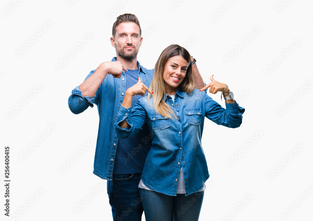 Young couple in love over isolated background looking confident with smile on face, pointing oneself with fingers proud and happy. Young couple in love over isolated background looking confident with smile on face, pointing oneself with fingers proud and happy.