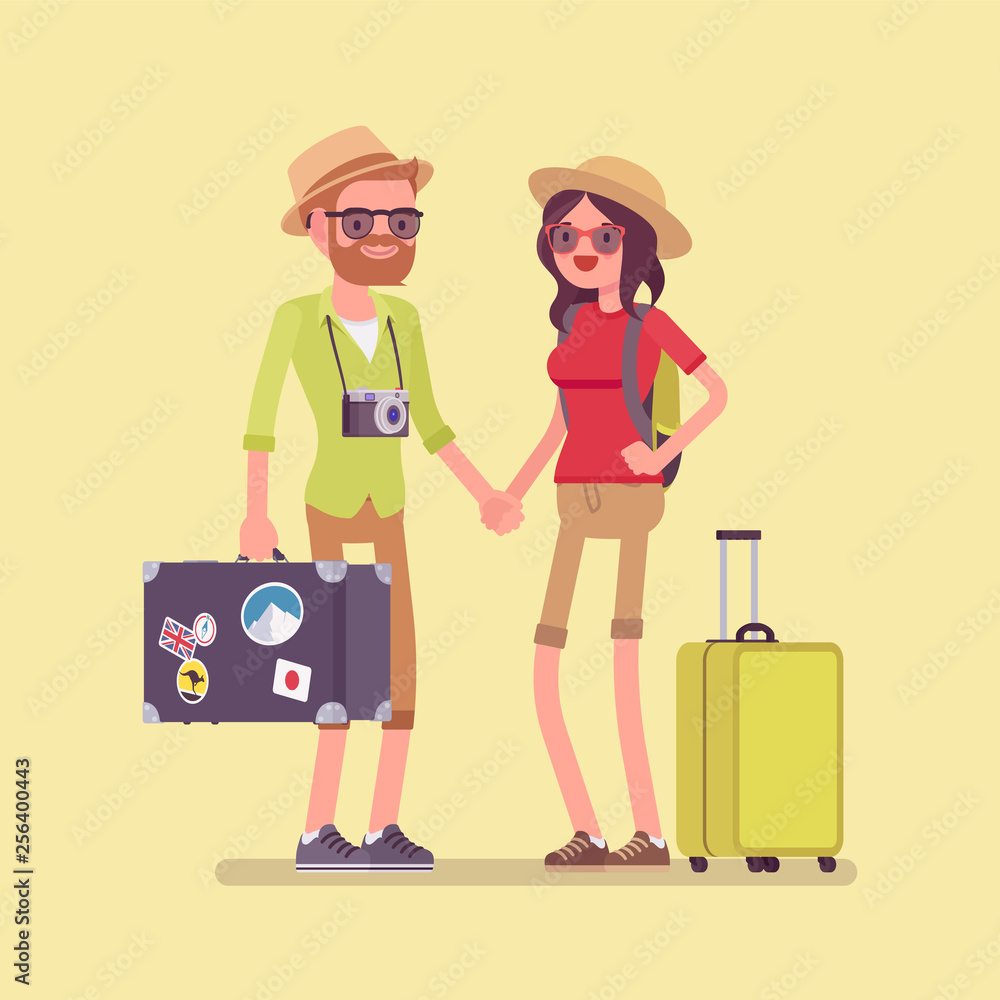 Tourists in travelling outfit with luggage and suitcases. Happy young man and woman making a journey to visit warm countries, holiday tour for recreation. Vector flat style cartoon illustration