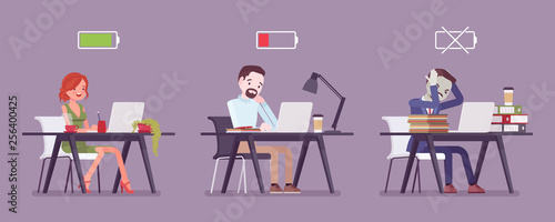 Office workers with battery charge level indicator. Employees of different energy limit, full, low, empty icon, effectiveness of productive effort at workplace. Vector flat style cartoon illustration