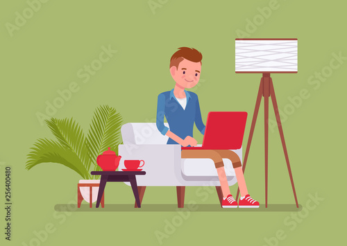 Young male employee working from home. Happy freelance worker, self-employed in comfortable remote location workspace, homeworking, career in telecommuting jobs. Vector flat style cartoon illustration