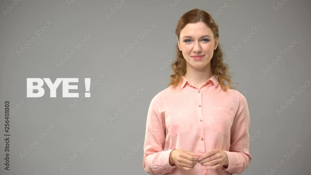 Female Saying Bye In Sign Language Text On Background Communication female-saying-bye-in-sign-language-text-on-background-communication