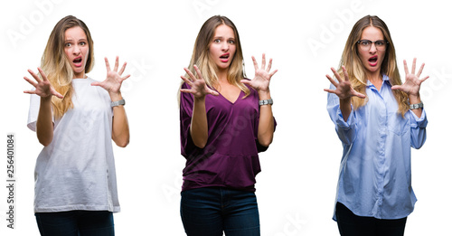 Collage of young beautiful blonde woman over isolated background afraid and terrified with fear expression stop gesture with hands, shouting in shock. Panic concept.