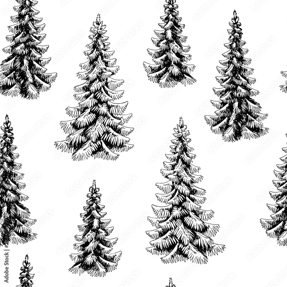 Fototapeta premium Fir tree spruce graphic black white seamless pattern background sketch illustration vector