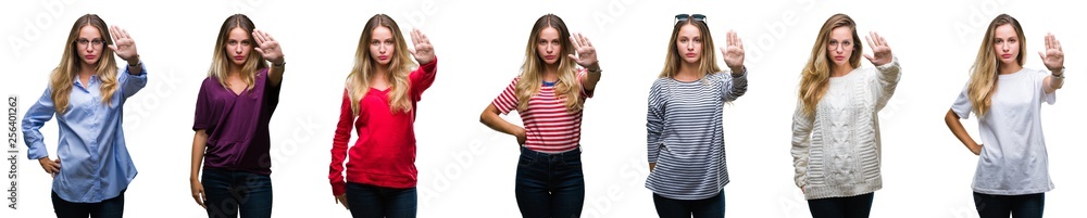 Collage of young beautiful blonde woman over isolated background doing stop sing with palm of the hand. Warning expression with negative and serious gesture on the face. Collage of young beautiful blonde woman over isolated background doing stop sing with palm of the hand. Warning expression with negative and serious gesture on the face.