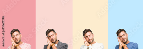 Collage of handsome young man over colorful stripes isolated background sleeping tired dreaming and posing with hands together while smiling with closed eyes.