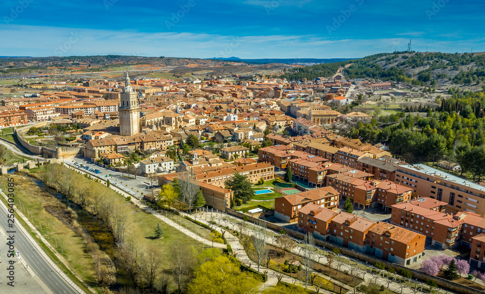 El Burgo de Osma medieval castle and town aerial view in Castille and Leon Spain with blue sky on a sunny day