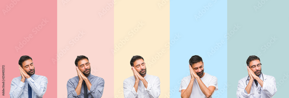 Obraz premium Collage of handsome man over colorful stripes isolated background sleeping tired dreaming and posing with hands together while smiling with closed eyes.
