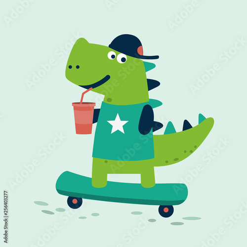 Cute dinosaur rides on skateboard. Tyrannosaur skateboarder 