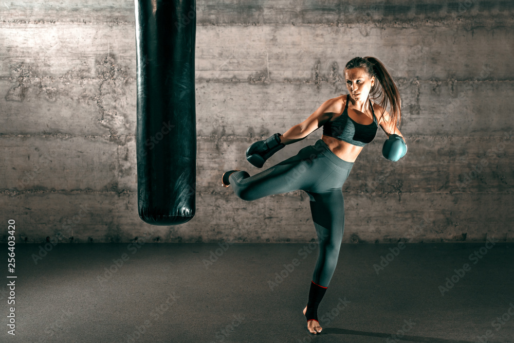 Dedicated strong brunette with ponytail, in sportswear, bare foot and with  boxing gloves kicking sack in gym. Stock Photo | Adobe Stock