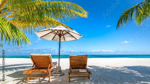 Perfect tranquil beach scene  soft sunlight and white sand and blue endless sea as tropical landscape. Luxury resort hotel  vacation and holiday landscape