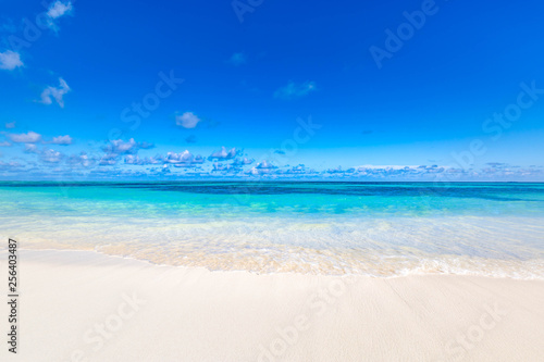 Sea view from tropical beach with sunny sky. Relaxing beach landscape