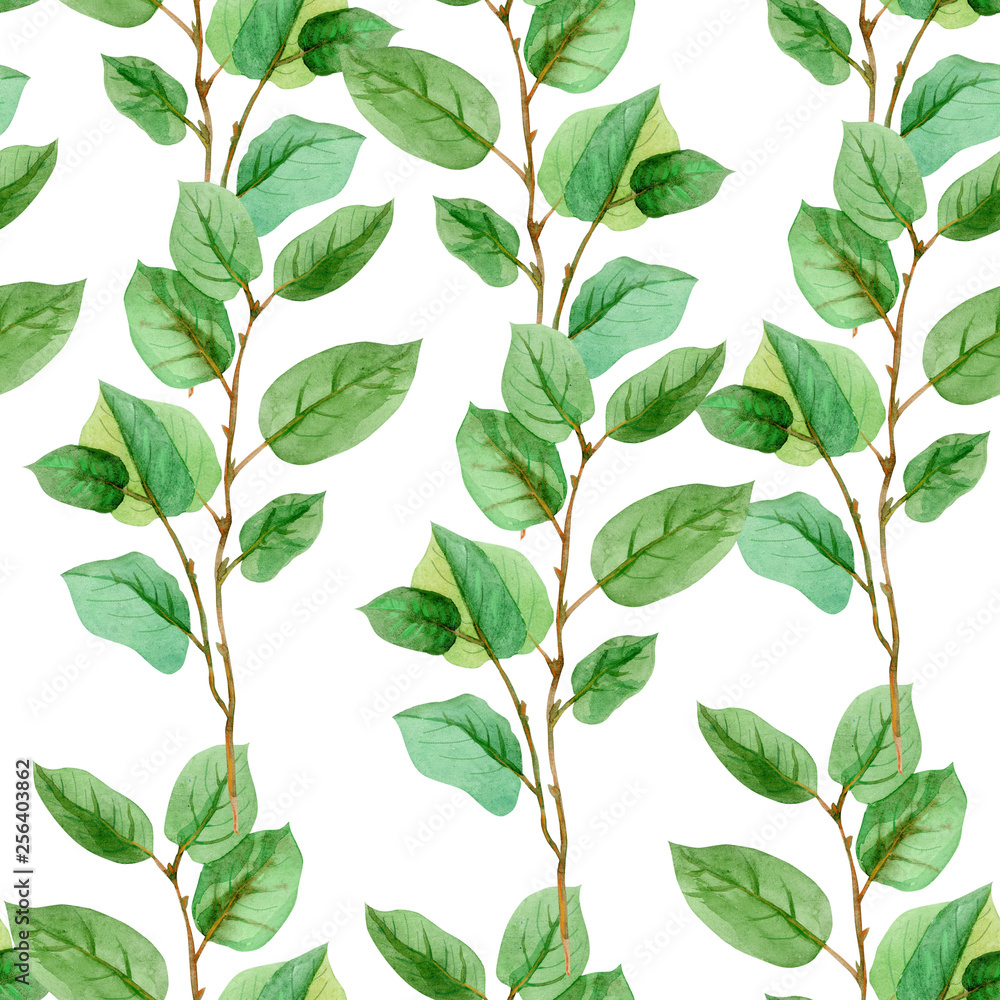 Floral leaves seamless pattern green color on a white background.