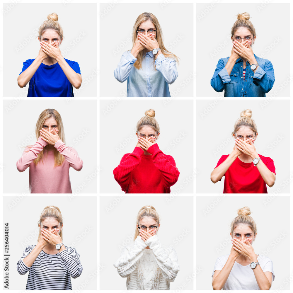 Collage of young beautiful blonde woman over white isolated background shocked covering mouth with hands for mistake. Secret concept. Collage of young beautiful blonde woman over white isolated background shocked covering mouth with hands for mistake. Secret concept.