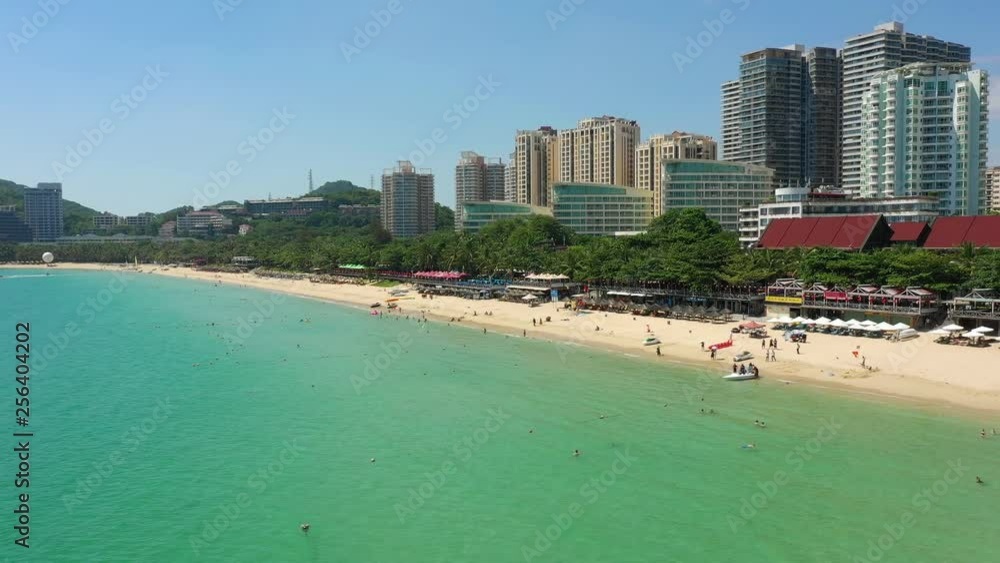 sunny sanya famous dadonghai crowded beach aerial waterfront panorama 4k hainan china sunny sanya famous dadonghai crowded beach aerial waterfront panorama 4k hainan china