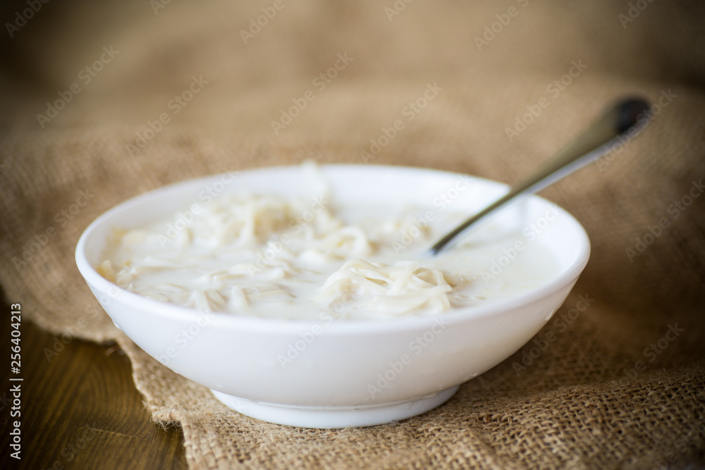 homemade sweet noodles with milk in a plate homemade sweet noodles with milk in a plate