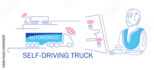 Robot drives self propelled Autonomous truck. Innovation transportation