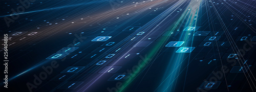 Bytes of binary code run through network. Abstract futuristic technology syberspace