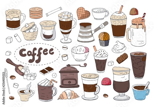 Big set of different coffee and drinks isolated on white background. Hand drawn vector coffee collection.