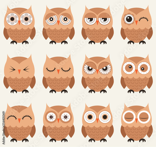 set of emoticons of owl birds in cartoon style