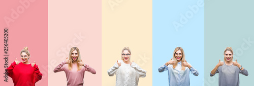 Collage of young beautiful blonde woman over vivid colorful vintage isolated background success sign doing positive gesture with hand, thumbs up smiling and happy. Looking at the camera 