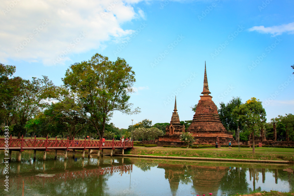 The wooden bridge cross to wat sha sri in sukhothai historical park in Thailand., Tourism, World Heritage Site, Civilization,UNESCO. The wooden bridge cross to wat sha sri in sukhothai historical park in Thailand., Tourism, World Heritage Site, Civilization,UNESCO.