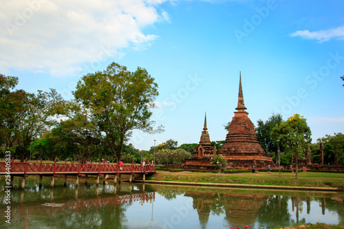 The wooden bridge cross to wat sha sri in sukhothai historical park in Thailand., Tourism, World Heritage Site, Civilization,UNESCO.