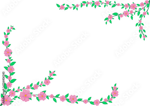 Pink flowers frame. White background. Space for text. Vector illustration