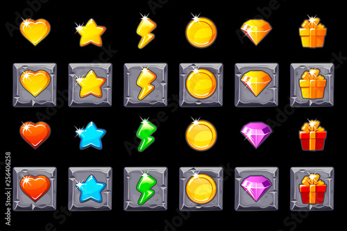Set Game UI icons on stone square for games. Game casino, slot, UI