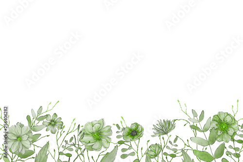 Watercolor spring frame with green foliage and splashes on the white isolated background. Beautiful and elegant design.