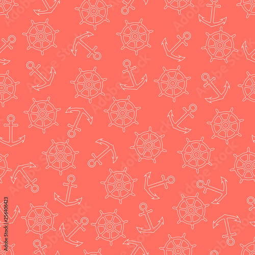 Seamless living coral nautical pattern. Vector illustration. Background with steering wheel and anchors. Trendy color 2019 year.