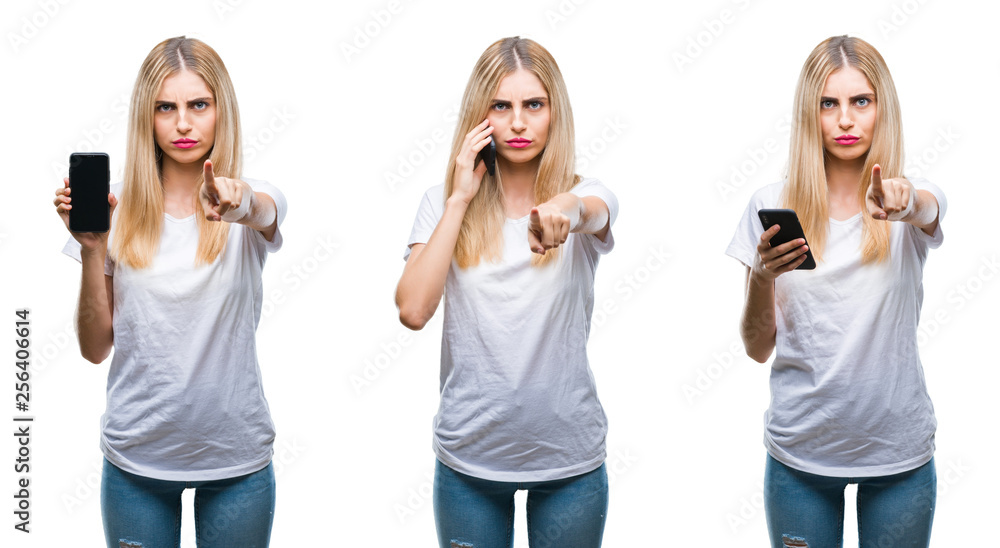 Collage of young beautiful blonde casual woman using smartphone over isolated background pointing with finger to the camera and to you, hand sign, positive and confident gesture from the front Collage of young beautiful blonde casual woman using smartphone over isolated background pointing with finger to the camera and to you, hand sign, positive and confident gesture from the front