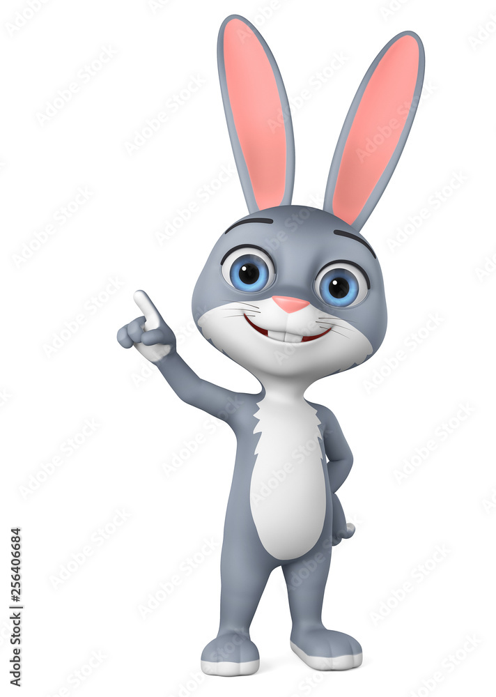 Cartoon character gray rabbit points his finger at an empty space on a  white background. 3d rendering. Illustration for advertising. Stock  Illustration | Adobe Stock