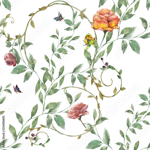 Watercolor painting of leaf and flowers, seamless pattern on white background