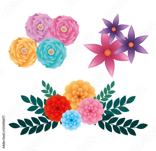 set exotic roses and flowers with leaves