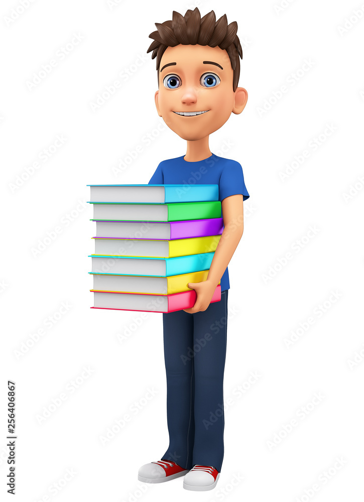 Character cartoon guy with a stack of books on a white background. 3d rendering. Illustration for advertising. Character cartoon guy with a stack of books on a white background. 3d rendering. Illustration for advertising.