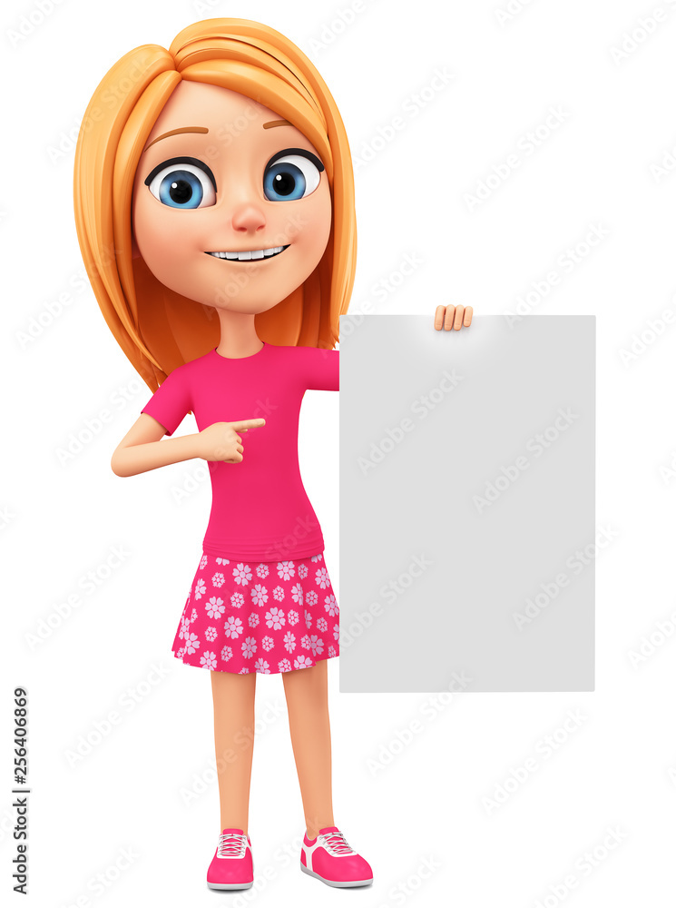 Character cartoon girl points to an empty board. 3d rendering. Character cartoon girl points to an empty board. 3d rendering.
