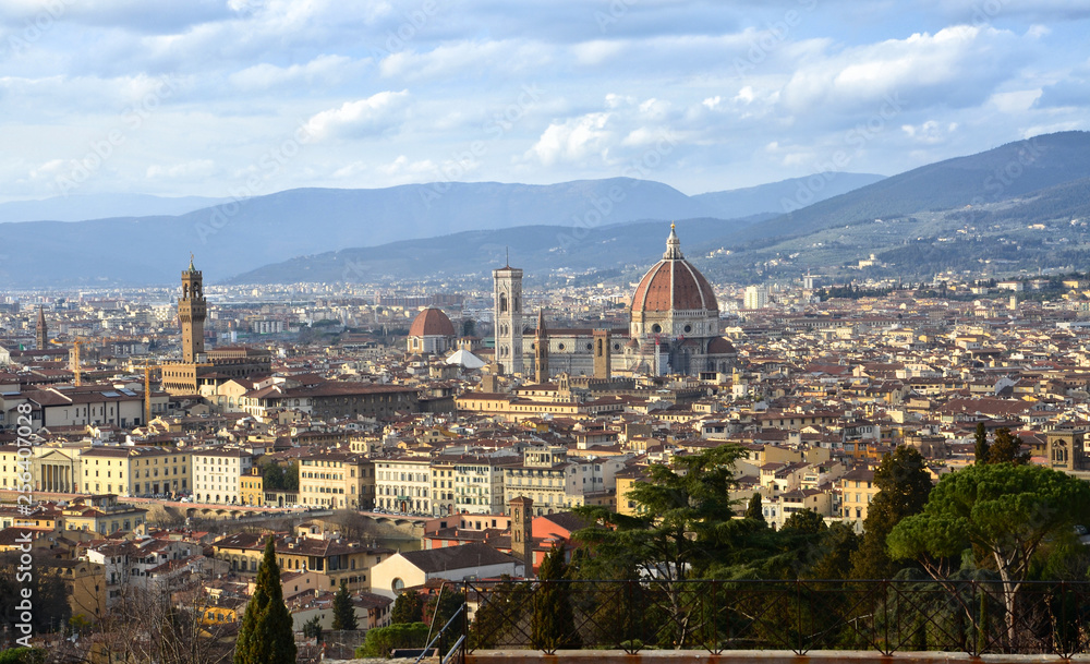 Cityscape of Florence with Cathedral of Santa Maria del Fiore as seen from San Miniato Church. Florence, Italy.