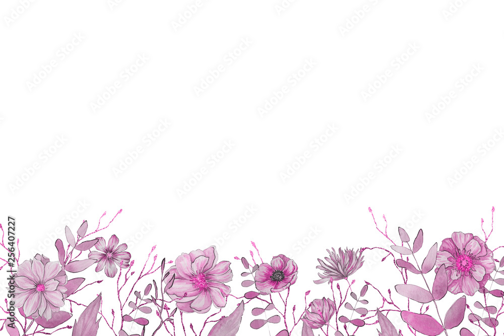 Watercolor spring frame with pink foliage and splashes on the white isolated background. Beautiful and elegant design.