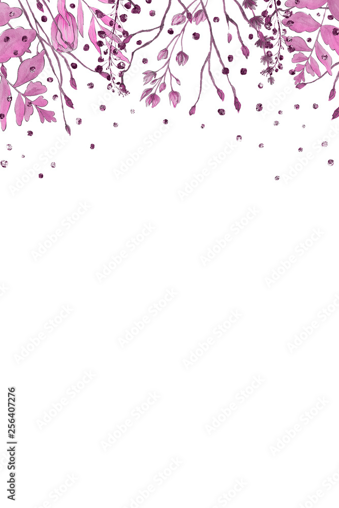 Watercolor spring frame with pink foliage and splashes on the white isolated background. Beautiful and elegant design. Watercolor spring frame with pink foliage and splashes on the white isolated background. Beautiful and elegant design.