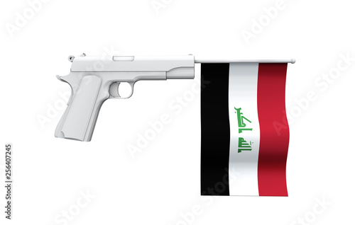 Iraq gun control concept. Hand gun with national flag